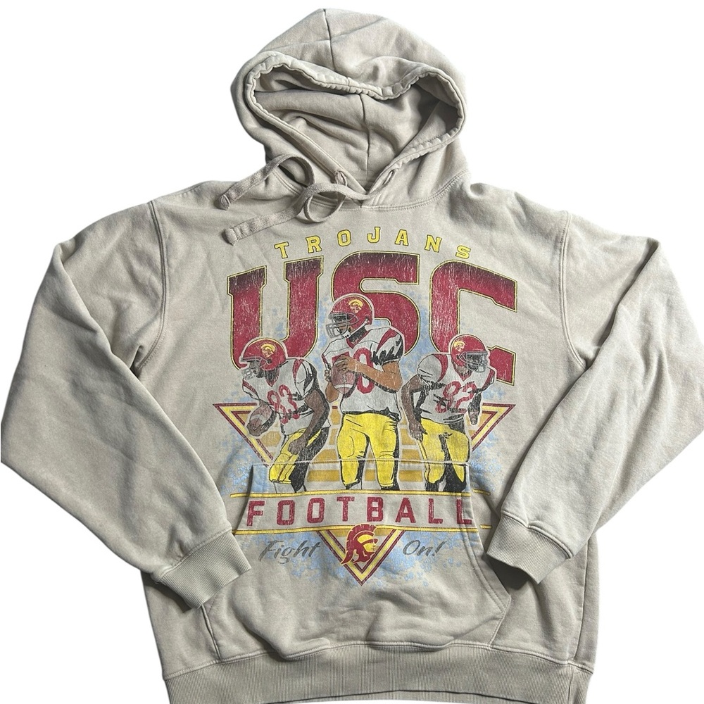 USC Trojans Football Hoodie Sweatshirt Medium  Graphic‎ Beige Goodie Two Sleeves